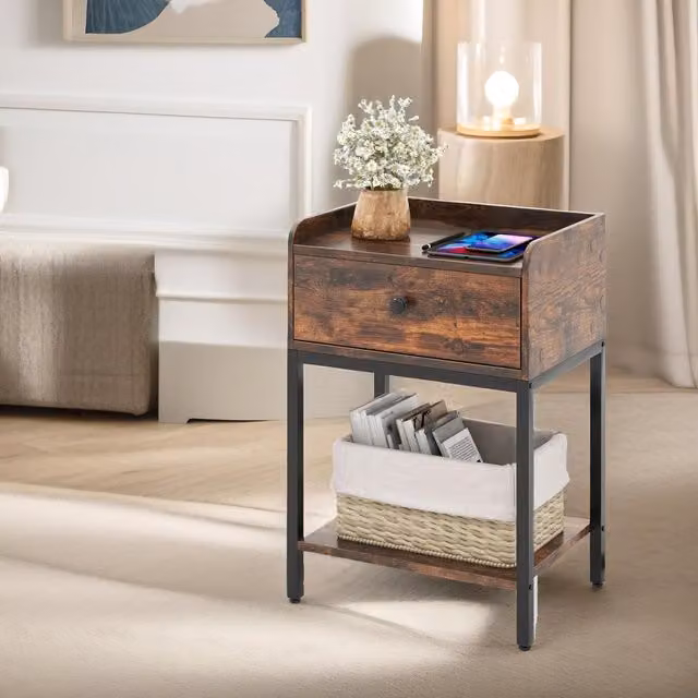 Pirlo Plush Bedside Table Nightstand with Drawer and Shelf, Rustic Brown, W/D/H: 30 x 30 x 60 cm