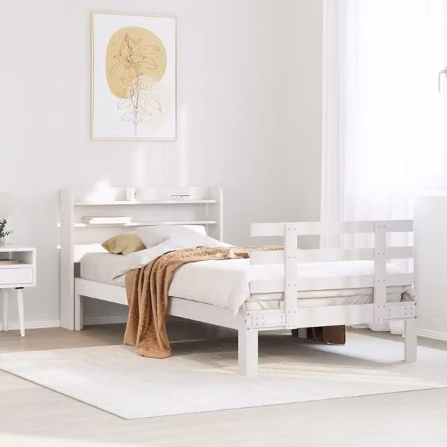 Berkfield Home White Pine Wood Bed Frame with Headboard and Side Compartments W/D/H: 200 x 90 x 82 cm