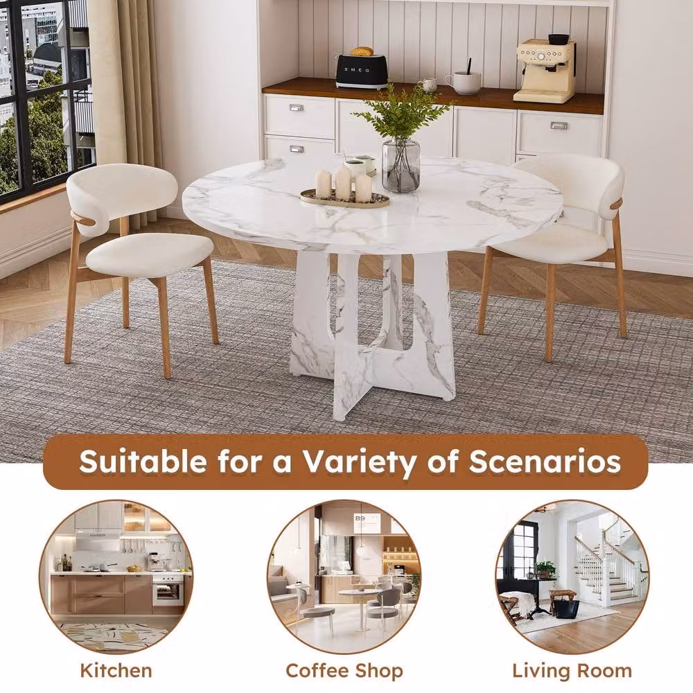 Matteo Round Farmhouse Dining Table for 4 in White Glossy MDF, Diameter: 120 cm – 2