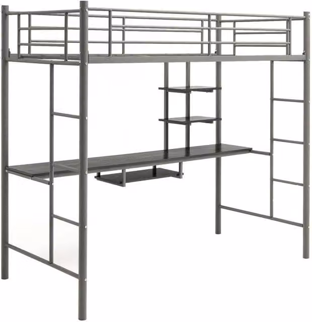 PAWNORA Single Metal Loft Bed Frame in Grey, W/D/H: 90 x 190 cm