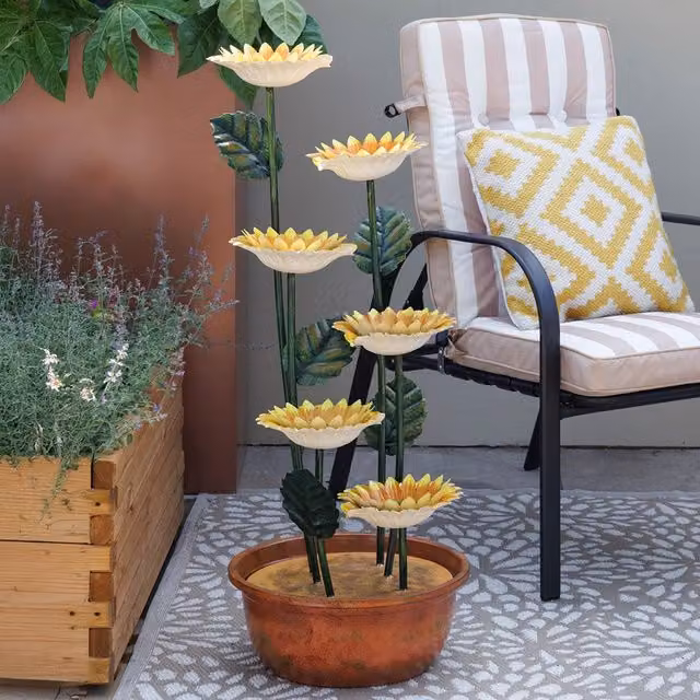 Primrose Tiered Cascading Sunflower Water Feature in Brown and Yellow Galvanised Steel