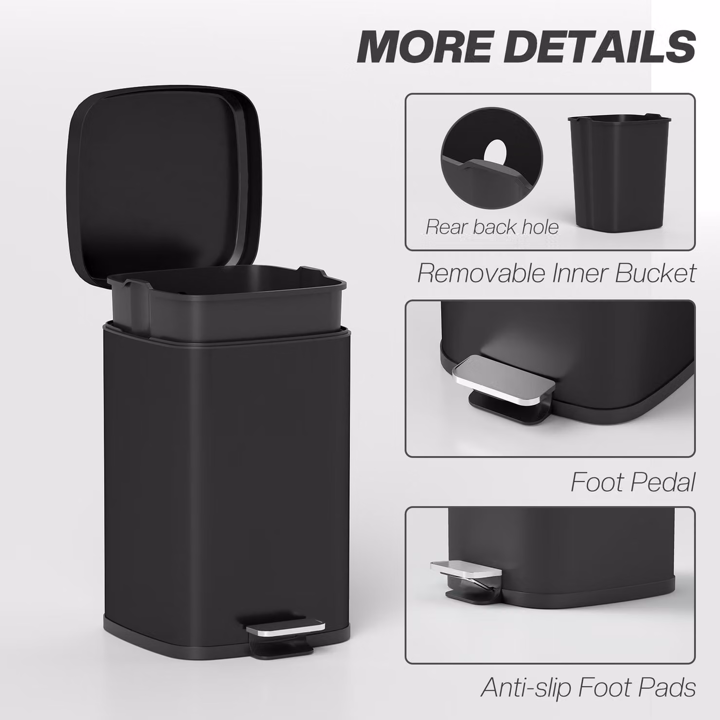 HOMCOM 20L Modern Boxy Metal Kitchen Pedal Bin with Soft-Close Lid and Removable Inner Bucket, Black – 7