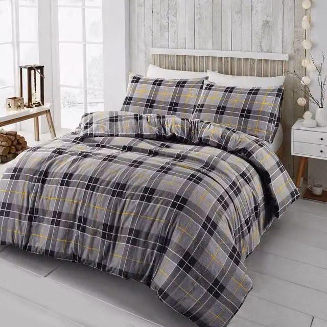 Homes-Linen Grey Checked Tartan Flannelette 100% Brushed Cotton Duvet Cover Set, W: 200 cm x D: 200 cm – 1