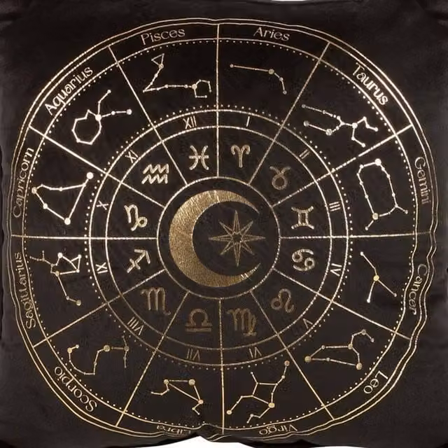 Uniqueful Black and Gold Astrology Wheel Square Cushion with Star Graphics, W: 35 cm x H: 35 cm