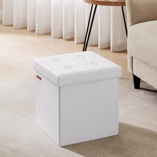 SONGMICS Storage Ottoman, Folding Foot Rest Stool in White, W/D/H: 38 x 38 x 38 cm