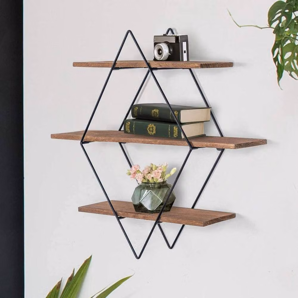 ERGOVEXA Rustic Wood and Metal Diamond Floating Wall Shelves in Brown and Multicolour – 2