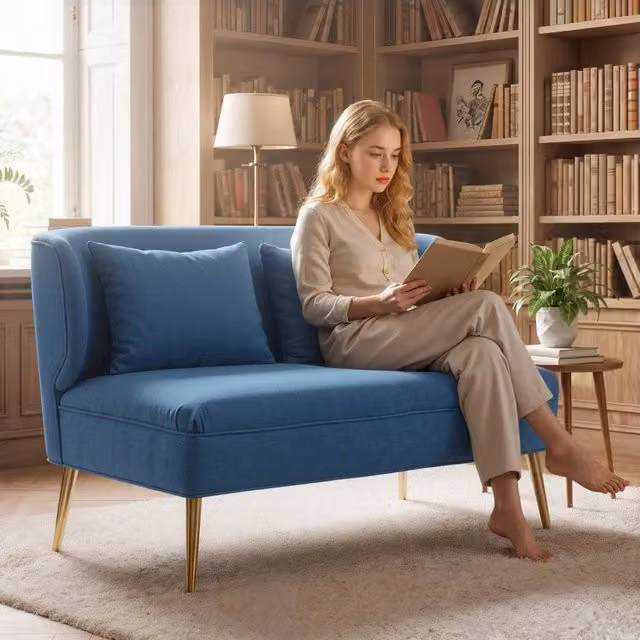 HOMCOM 2 Seater Wing Back Sofa in Blue Fabric, W: 117 cm, H: 78.5 cm, D: 65 cm