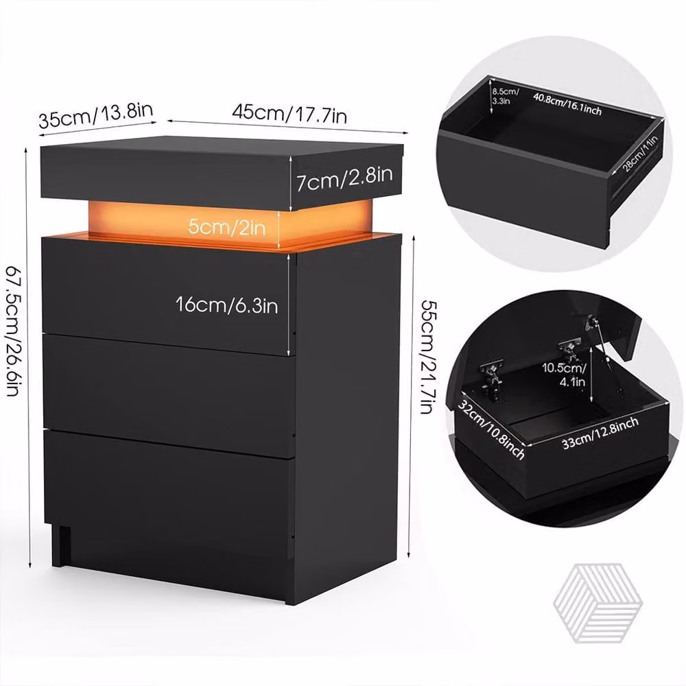 Ventryn Black High Gloss Bedside Table with RGB LED Lighting and 3 Drawers – 2