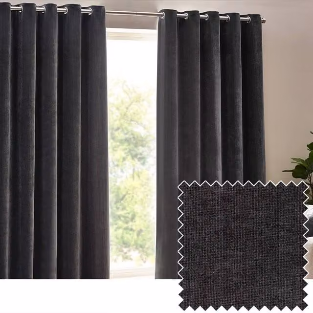 Yard Heavy Chenille Blackout Eyelet Curtain Pair in Charcoal Grey, Width: 168 cm, Drop: 229 cm – 1