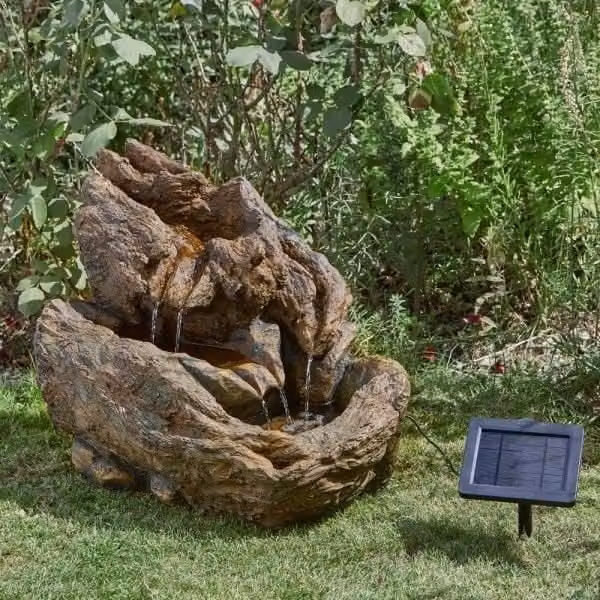 Primrose Solar Powered Cascading Log Effect Water Feature in Brown, Height: 58 cm