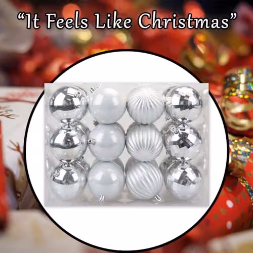 VFM e-Store Silver Round Christmas Bauble Hanging Tree Ornaments, Pack of 24, Diameter: 8 cm – 7