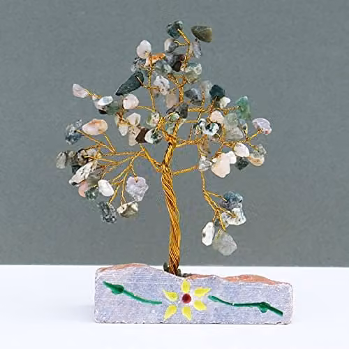 Ancient Wisdom Moss Agate Gemstone Tree in Green and Multicolour – 1