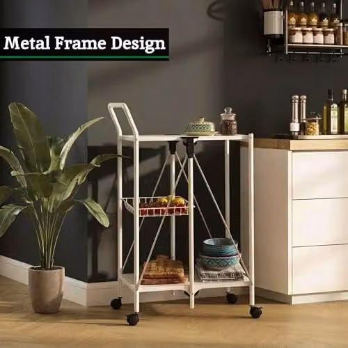 Premier Housewares White Rectangular Folding Kitchen Trolley with Castors – 3