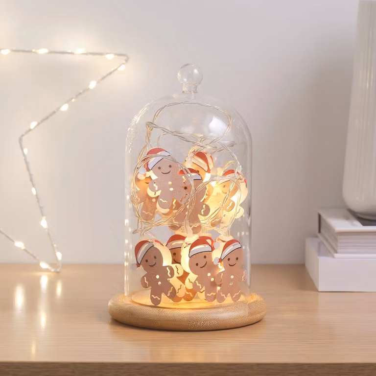 Lights4fun Glass Dome with Gingerbread LED String Lights, White and Transparent, H 20.5 x W 12.5 x D 12.5 cm