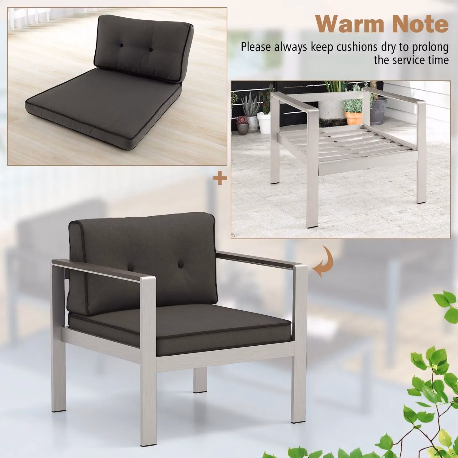 Costway Modern Aluminum Outdoor Patio Armchair with Cushions in Grey – 5