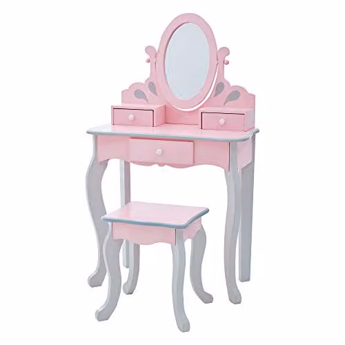 Teamson Kids Princess Rapunzel Wooden 2-Piece Play Vanity Set with Rotating Oval Mirror, Three Storage Drawers and Matching Stool in Pink, Grey and White