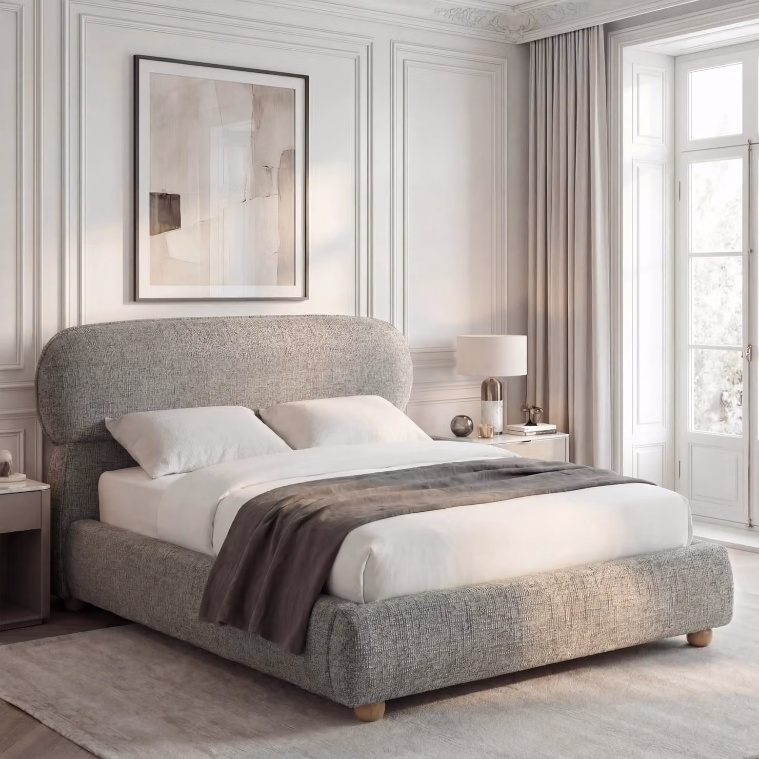 Serilya Upholstered King Size Bed Frame with Luxury Headboard in Grey, W/D/H: 180 x 200 cm