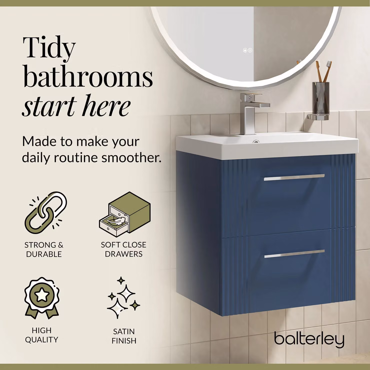 Balterley Wall Hung 2 Drawer Vanity Unit with Thin-Edge Basin, Satin Blue – 3