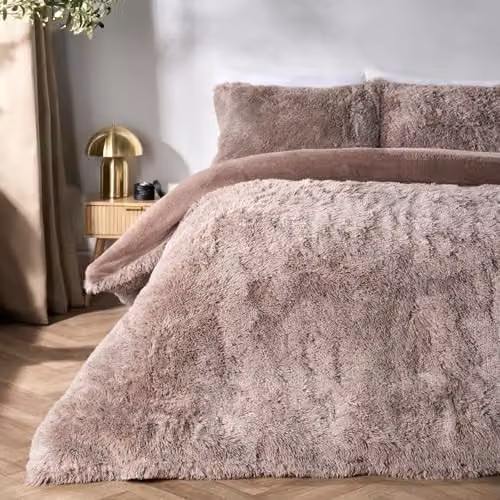 OHS Reversible Teddy Fleece Duvet Cover and Pillowcase Set in Beige, Single Size (90 x 200 cm, Pillowcase: 48 x 74 cm)