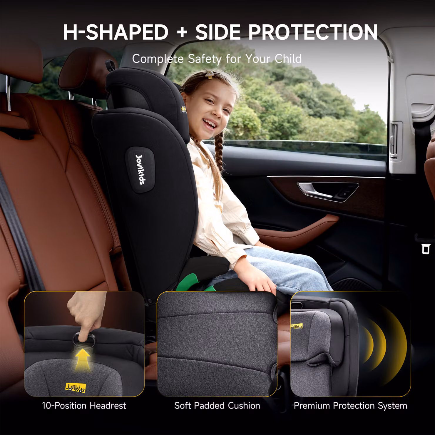 Aosom UK Highback Car Booster Seat with 10-Position Adjustable Headrest, i-Size R129 Protection, Black, W: 44 cm, D: 46 cm, H: 80 cm – 7