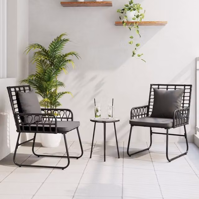 Berkfield Home 3-Piece Garden Dining Set in Black Poly Rattan and Steel, W/D/H: 35 x 35 x 45 cm