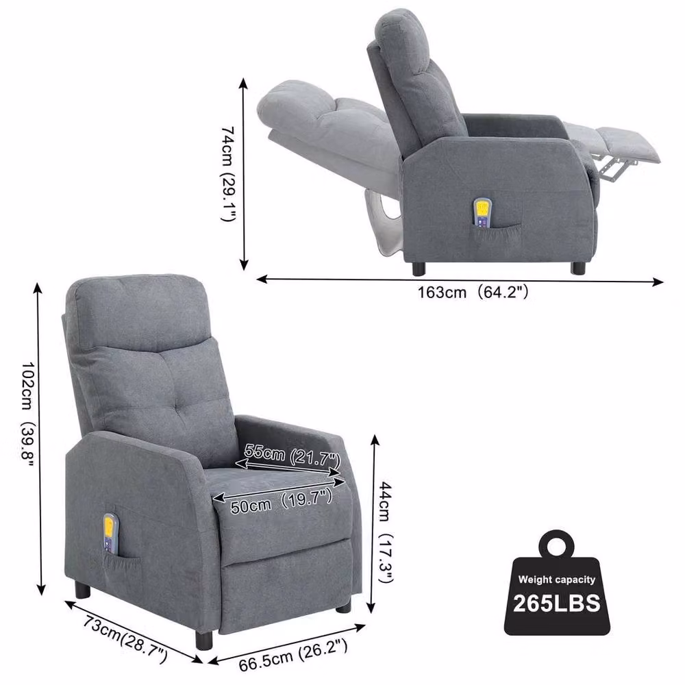 KORVIXA Grey Recliner Massage Sofa with 6-Point Massage and Heating, W/D/H: 100 x 100 x 100 cm – 2
