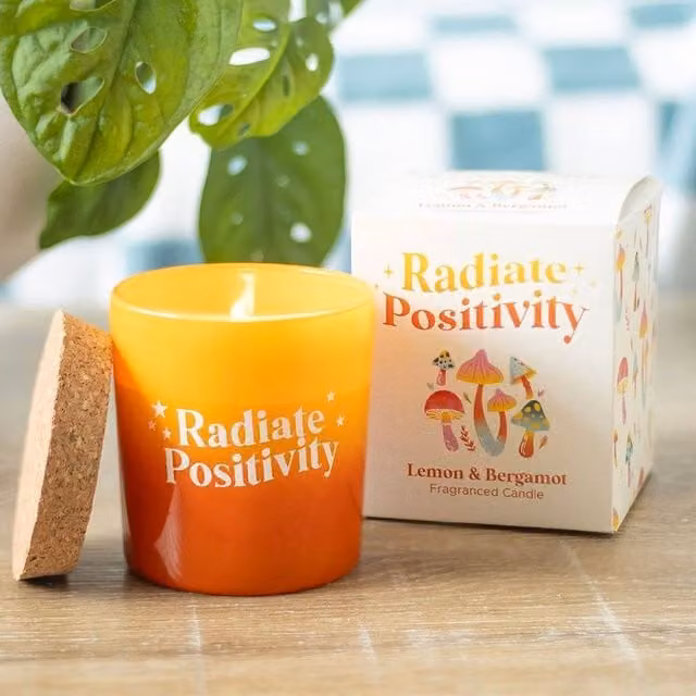 Uniqueful Radiate Positivity Lemon & Bergamot Pillar Candle in Orange and Yellow