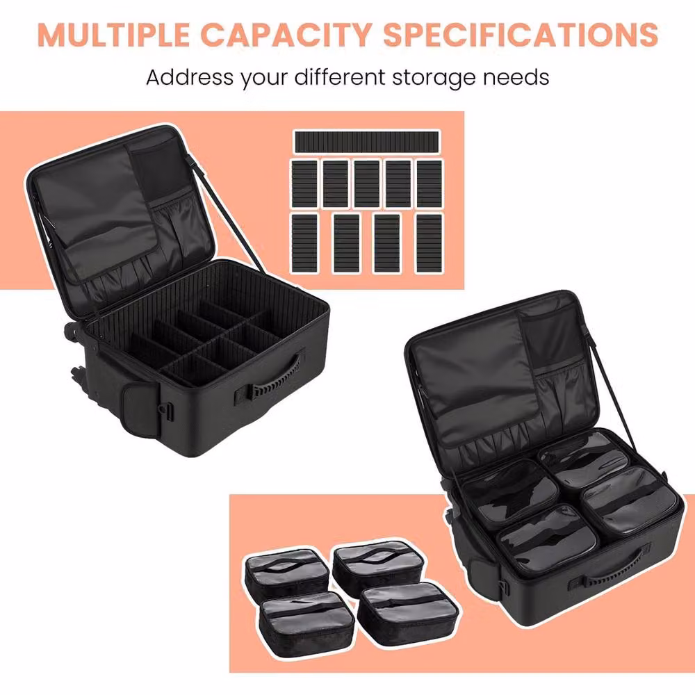 VOGREX 3-in-1 Rolling 3-Tier Makeup Case with Wheels and Handle, Black – 4