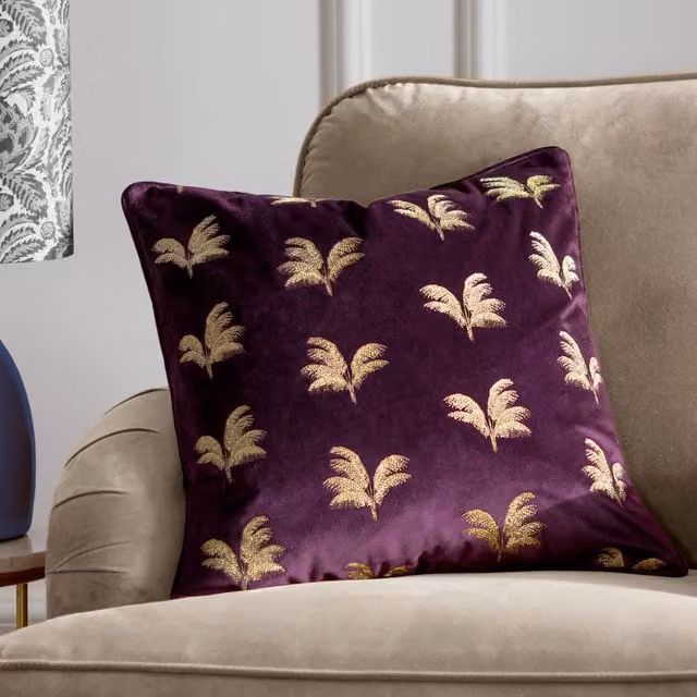 Paoletti Purple Velvet Floral Embroidered Square Cushion, W/D/H: 45 x 45 x 45 cm – 1