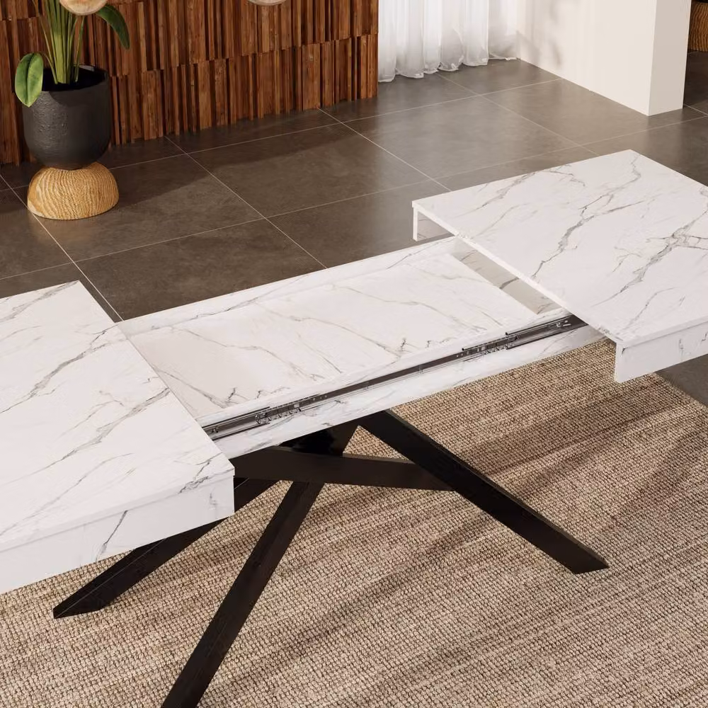 Matteo Extendable Rectangular Dining Table for 6-8 Adults, White and Black Glossy MDF with Metal X-Frame Legs – 3