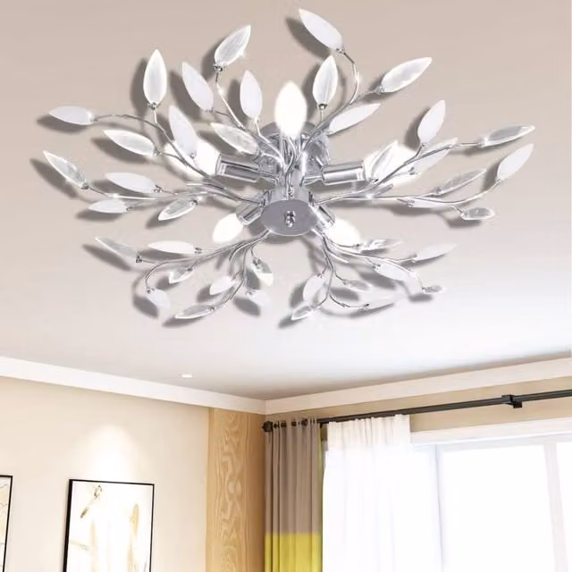 Berkfield Home Modern Ceiling Lamp with Transparent and White Crystal Leaf Arms, Chrome Finish, for 5 x E14 Bulbs