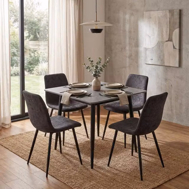 FWStyle 5 Piece Grey Marble Effect Square Ceramic Dining Table and Chairs Set with Black and Grey Accents