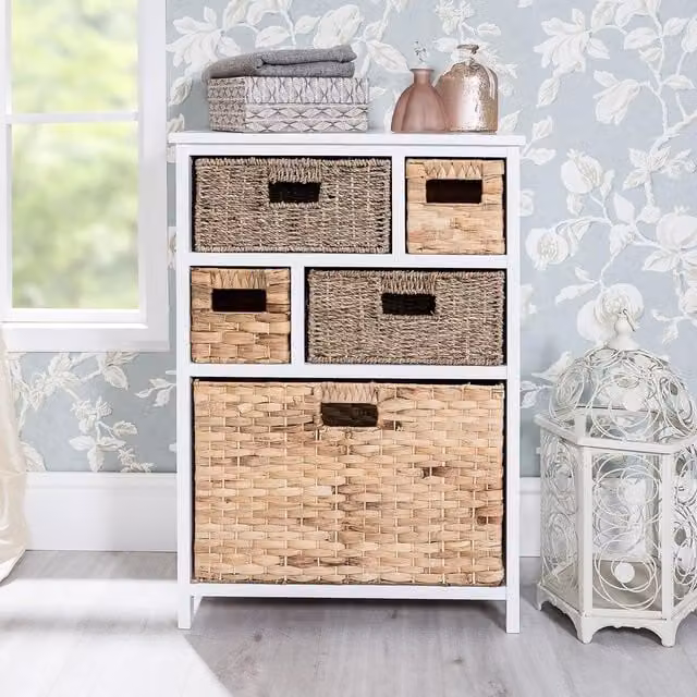 Statement Furniture Tetbury Storage Unit with 5 White Seagrass and Water Hyacinth Baskets