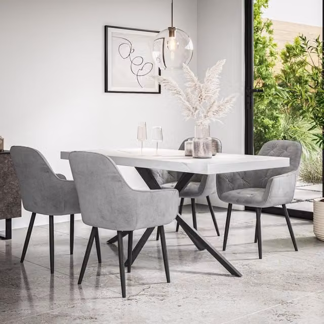 More4Homes Donni Dining Table and Anika Grey Velvet Chair Set of 6 with White Marble Effect Top and Black Legs, W/D/H: 160 x 80 x 76 cm – 1