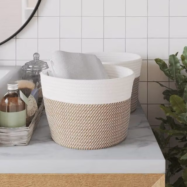 Berkfield Home Storage Baskets, 2 Pack, Brown and White Cotton Open Weave Fabric, W: 24 cm, H: 18 cm – 1
