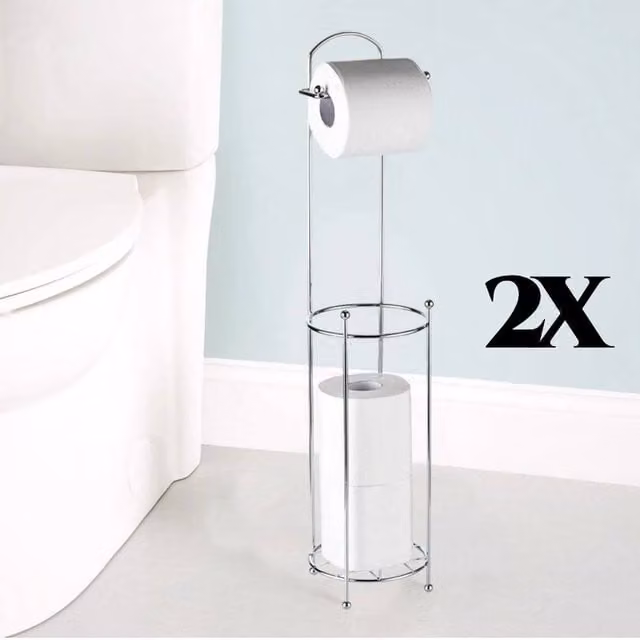 FLAVORA Set of 2 Freestanding Chrome Toilet Paper Holders in Metallic Silver, W: 180 cm, H: 180 cm