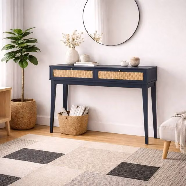 Wyld Haus Waterford Blue Oak and Woven Rattan Dressing Table with 2 Drawers