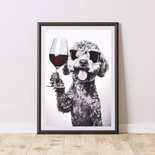 60 Second Makeover Funny Labradoodle Drinking Wine Black and White Paper Poster, A4