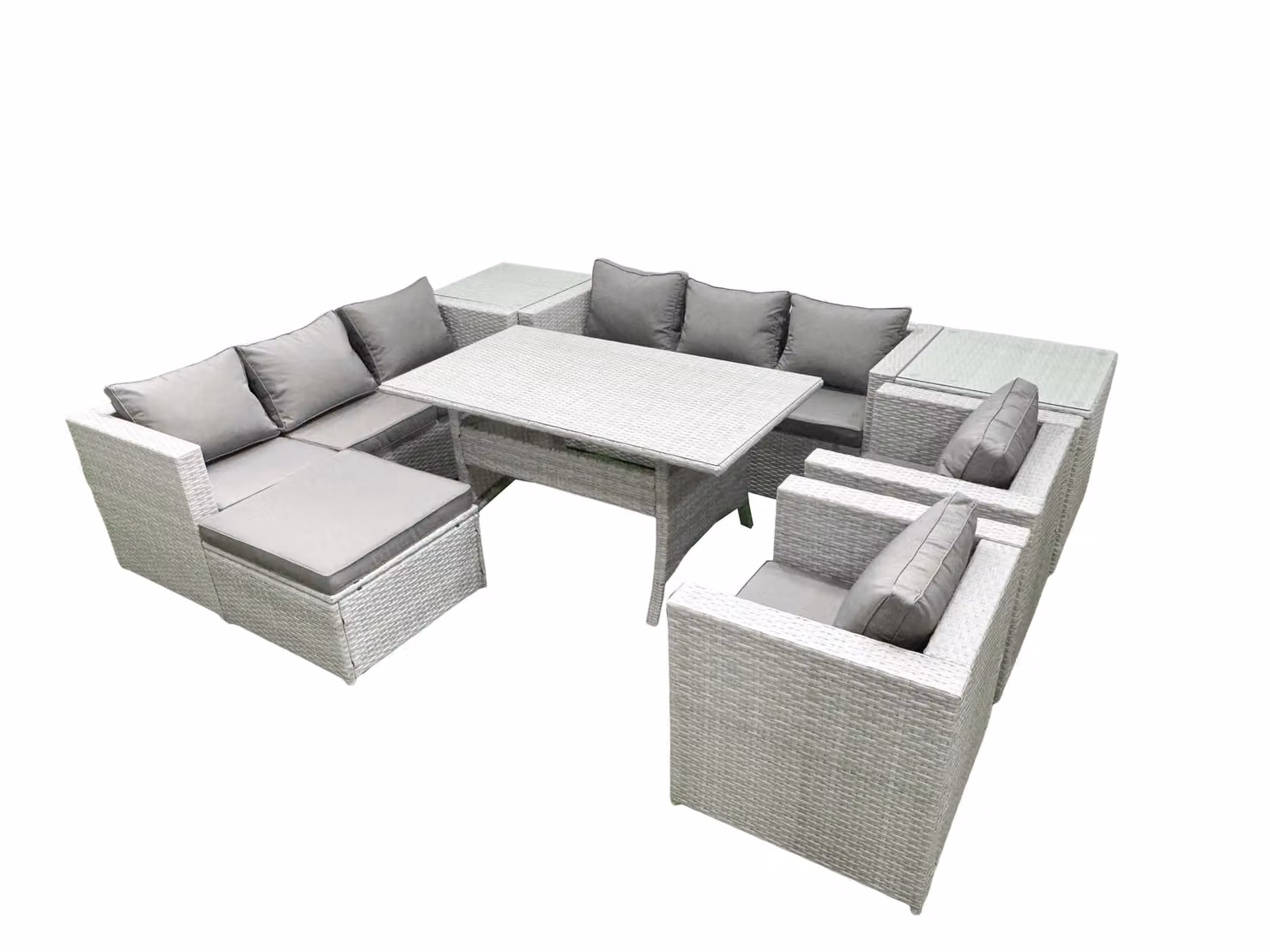 Fimous 8 Seater Rattan Garden Furniture Set in Light Grey with Dining Table, 2 Chairs, 2 Side Tables and Footstool – 2