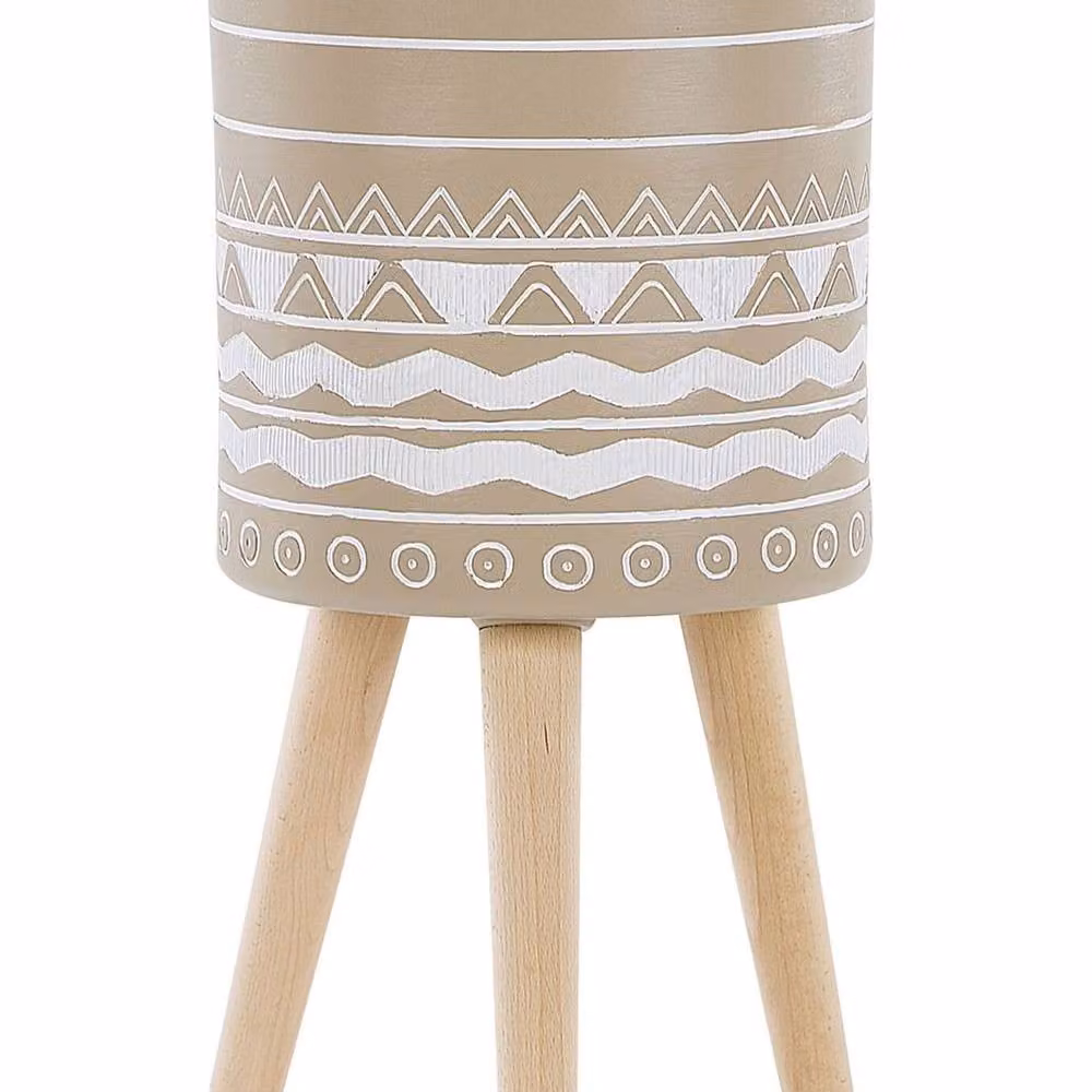 Wyld and Coco Beige Ceramic Plant Stand with Solid Wood Legs, Diameter: 30 cm – 2