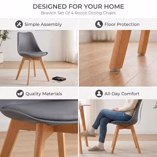 Bravich Rocco Modern Dining Chair with Grey Synthetic Leather Cushion and Beech Wood Legs – 4