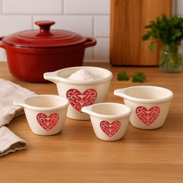 Orsina Ceramic Heart Measuring Cup Set with Printed Scale, Nesting Design in Red, Beige and White – 6