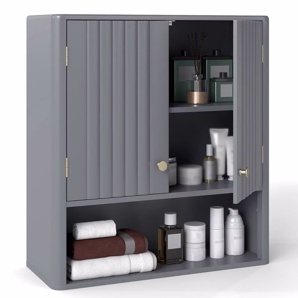 Costway Modern Fluted Double Door Bathroom Wall Cabinet in Grey Matt – 3