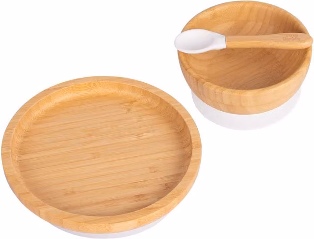 Tiny Dining White Bamboo and Silicone Suction Round Dinner Set for Babies