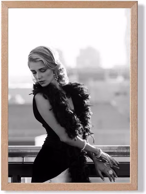 ARTZE Woman on a Paris Balcony Black and White Fashion Photograph Framed Print with Oak Frame, A3 – 1