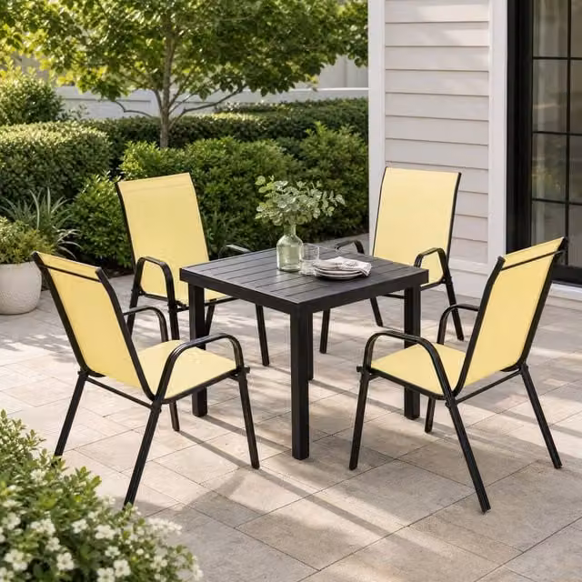 STILVORA Set of 4 Stackable Outdoor Dining Chairs in Beige with Textilene Fabric and Powder Coated Steel Frame