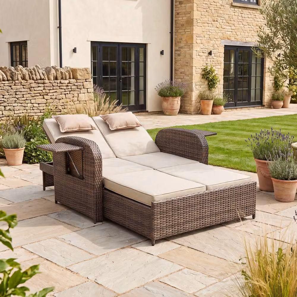 Artemis Home Whitmore Brown Polyrattan Reclining Outdoor Sofa Bed with Side Shelves and Adjustable Headrest – 2