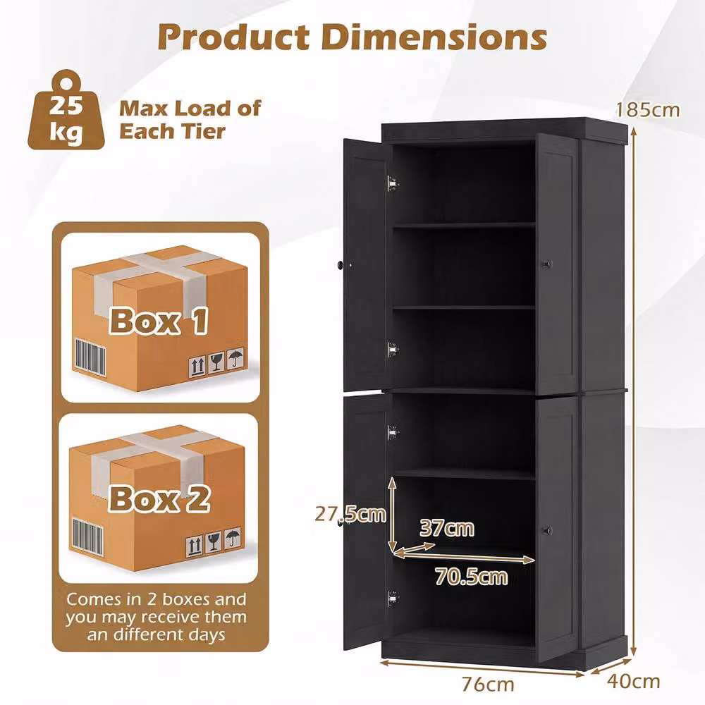 Gymax 4-Door Tall Kitchen Pantry Cabinet, Black Freestanding Storage Unit, Height: 185 cm – 2