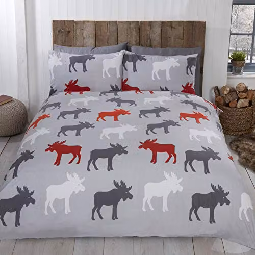 Rapport Home Moose Animal Print 100% Cotton Flannelette Duvet Cover and Pillowcase Set, Grey