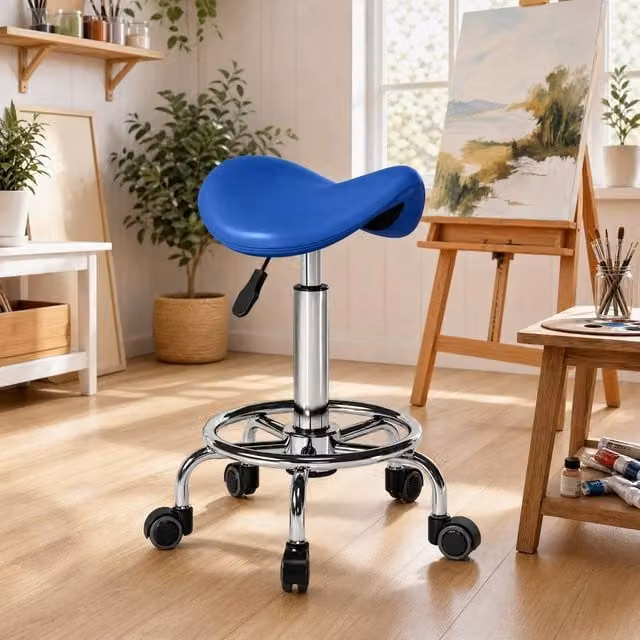 STILVORA Adjustable Height Saddle Stool with Blue PU Leather and Castors – 1
